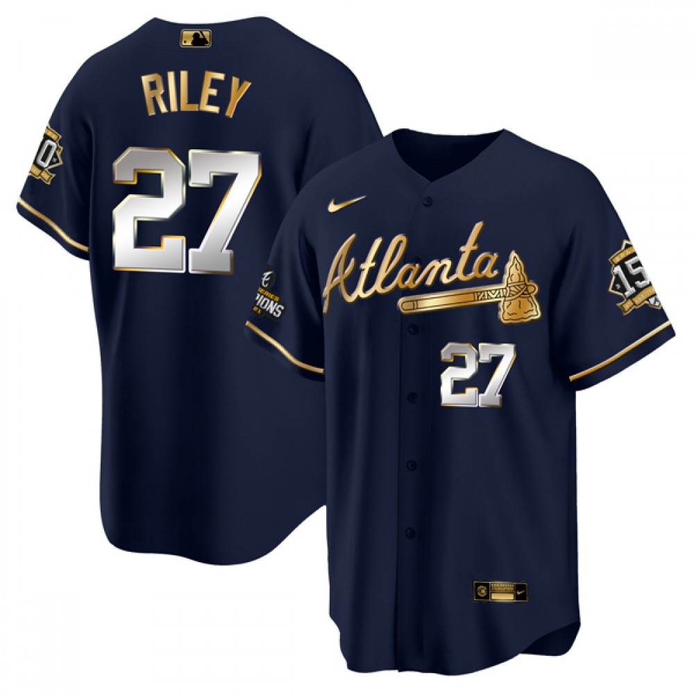Men's Atlanta Braves #27 Austin Riley 2021 Navy/Gold World Series Champions With 150th Anniversary Patch Cool Base Stitched Jersey 1