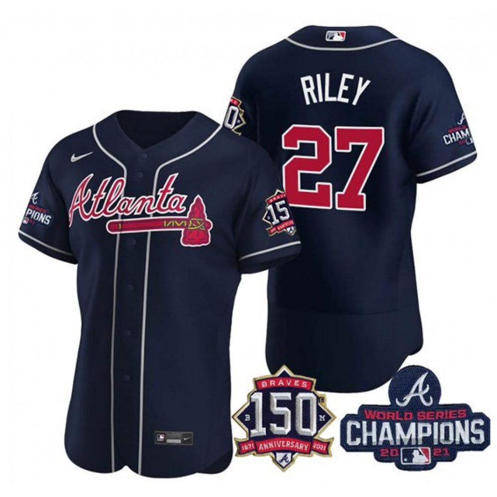 Men's Atlanta Braves #27 Austin Riley 2021 Navy World Series Champions With 150th Anniversary Flex Base Stitched Jersey 1