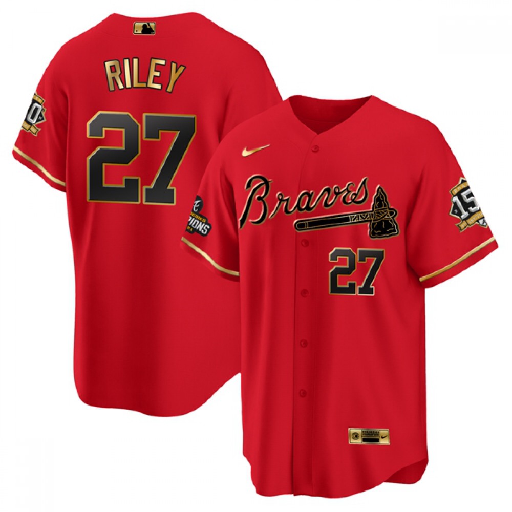Men's Atlanta Braves #27 Austin Riley 2021 Red/Gold World Series Champions With 150th Anniversary Patch Cool Base Stitched Jersey 1
