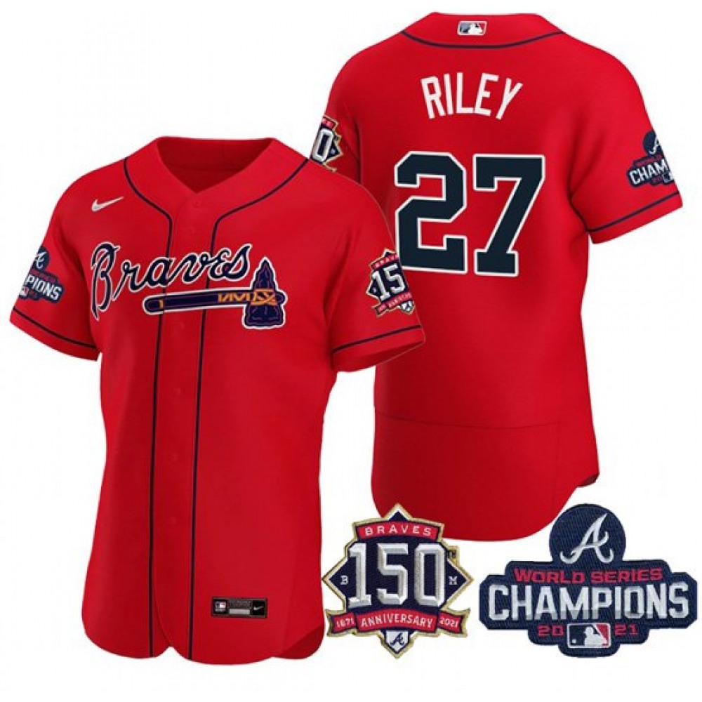 Men's Atlanta Braves #27 Austin Riley 2021 Red World Series Champions With 150th Anniversary Flex Base Stitched Jersey 1