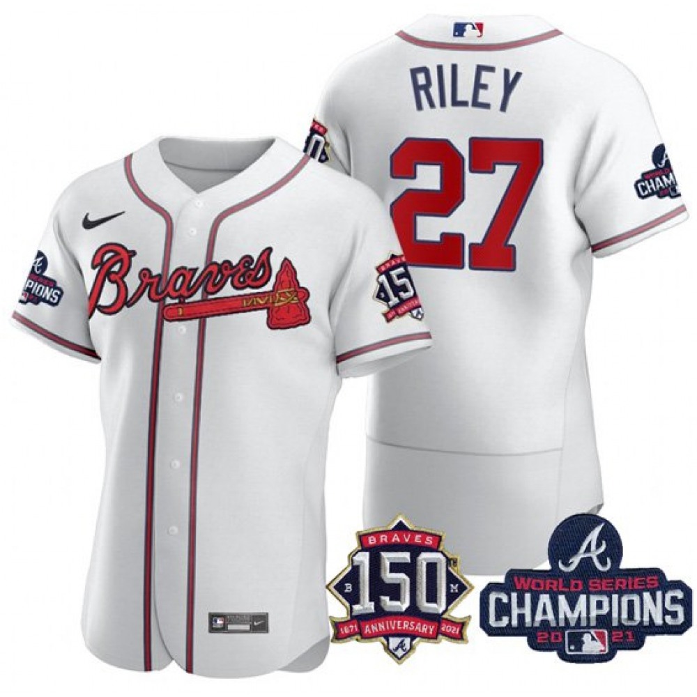 Men's Atlanta Braves #27 Austin Riley 2021 White World Series Champions With 150th Anniversary Flex Base Stitched Jersey 1
