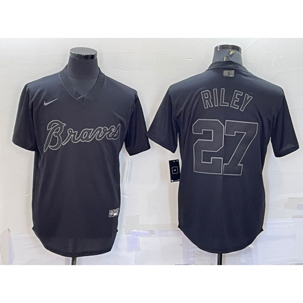 Men's Atlanta Braves #27 Austin Riley Black Pitch Black Fashion Replica Stitched Jersey 1