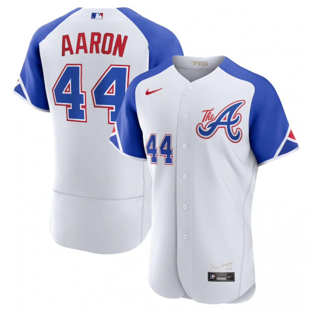 Men's Atlanta Braves #44 Hank Aaron White 2023 City Connect Flex Base Stitched Jersey 1