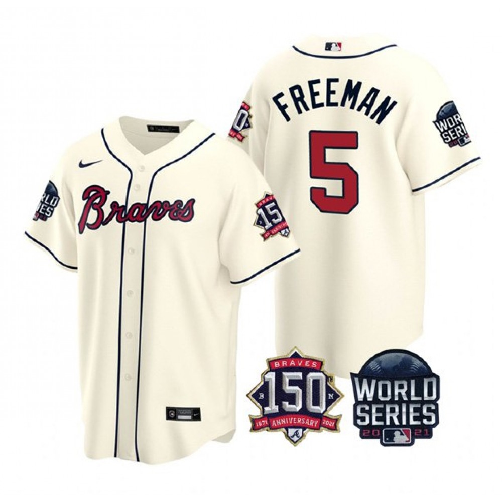 Men's Atlanta Braves #5 Freddie Freeman 2021 Cream World Series With 150th Anniversary Patch Cool Base Stitched Jersey 1