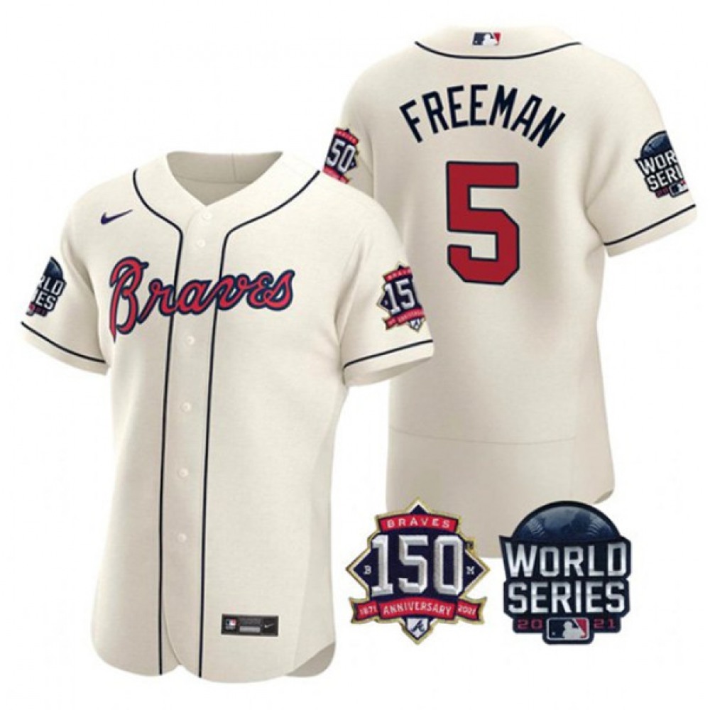 Men's Atlanta Braves #5 Freddie Freeman 2021 Cream World Series With 150th Anniversary Patch Stitched Baseball Jersey 1