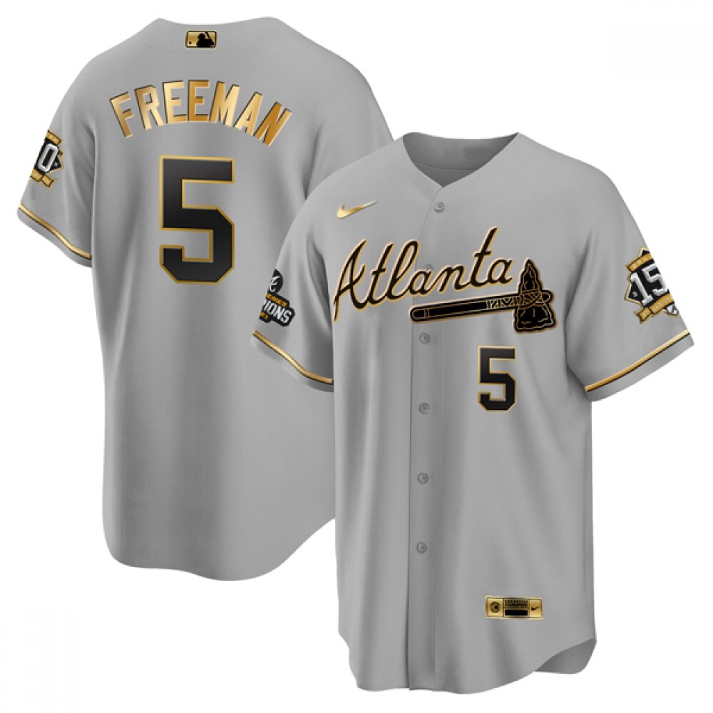 Men's Atlanta Braves #5 Freddie Freeman 2021 Grey/Gold World Series Champions With 150th Anniversary Patch Cool Base Stitched Jersey 1