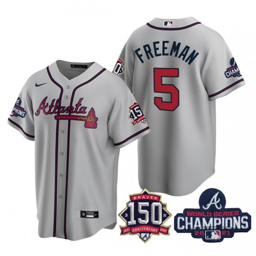 Men's Atlanta Braves #5 Freddie Freeman 2021 Grey World Series Champions With 150th Anniversary Patch Cool Base Stitched Jersey 1
