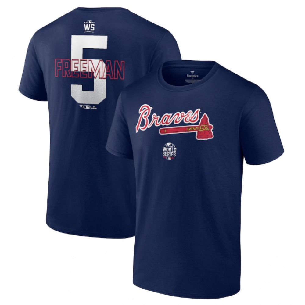 Men's Atlanta Braves #5 Freddie Freeman 2021 Navy World Series Bound Closer Name & Number T-Shirt 1