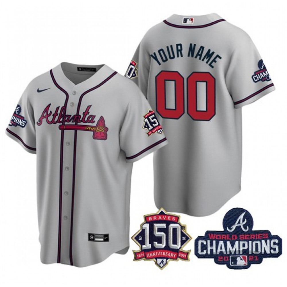 Men's Atlanta Braves ACTIVE Player Custom 2021 Grey World Series Chimpions With 150th Anniversary Cool Base Stitched Jersey 1