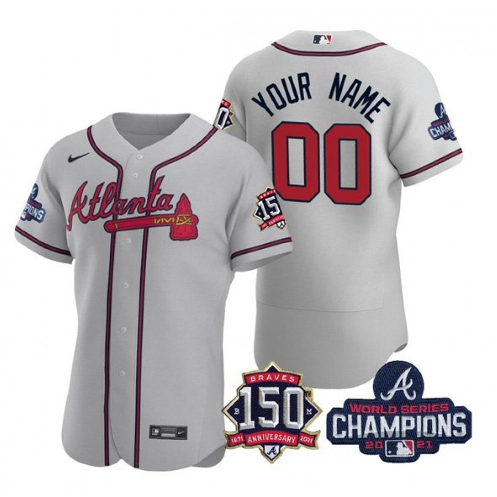 Men's Atlanta Braves Customized 2021 Grey World Series Champions With 150th Anniversary Flex Base Stitched Jersey 1