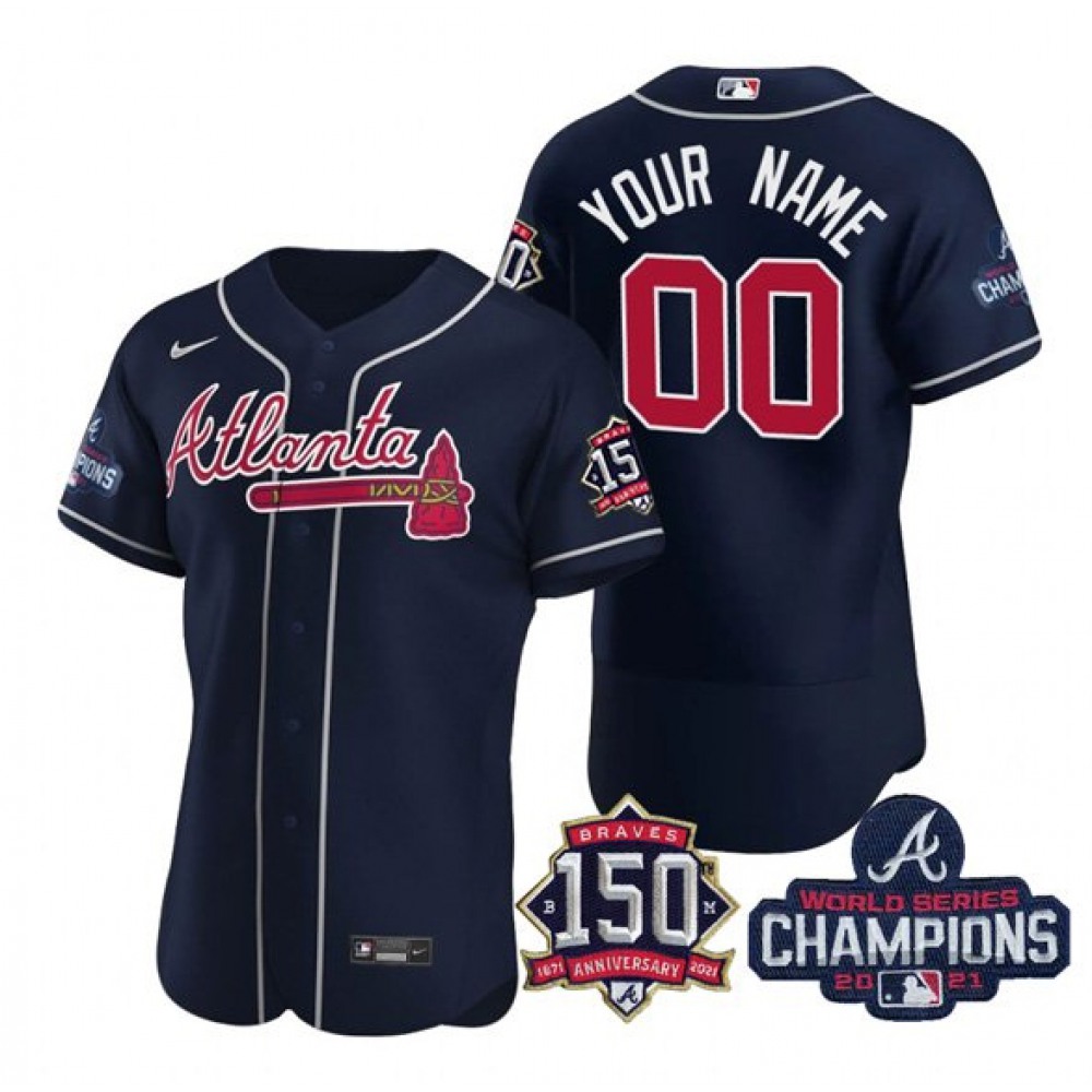 Men's Atlanta Braves Customized 2021 Navy World Series Champions With 150th Anniversary Flex Base Stitched Jersey 1