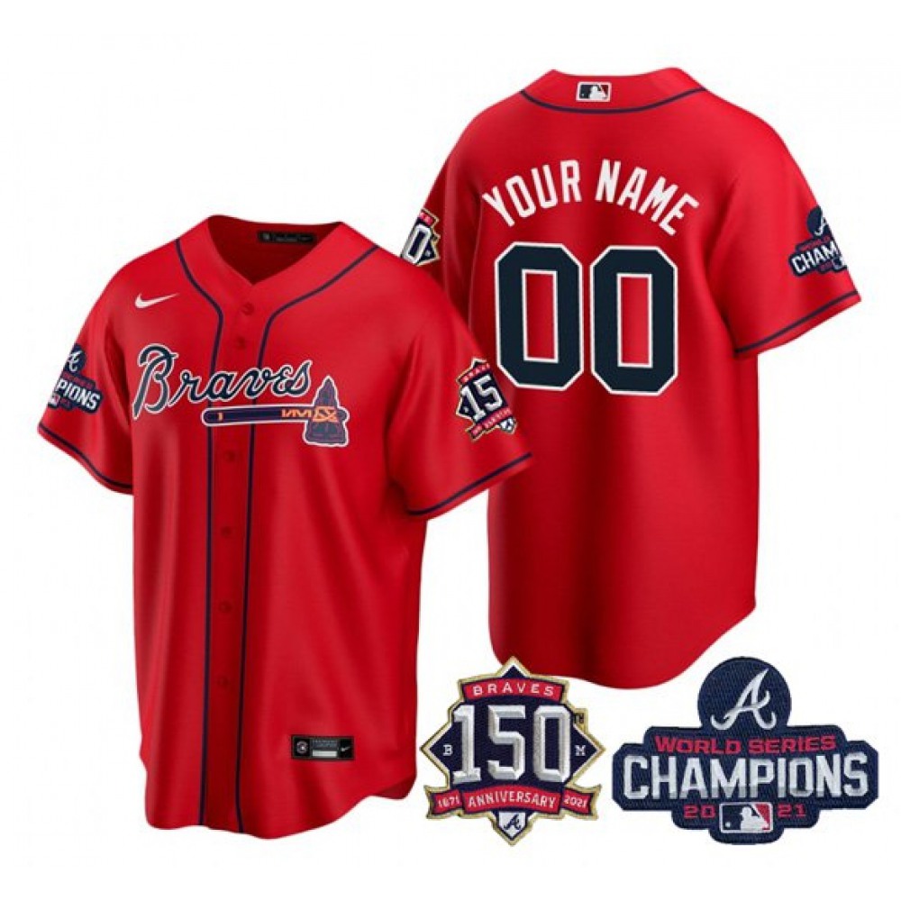 Men's Atlanta Braves Customized 2021 Red World Series Champions With 150th Anniversary Cool Base Stitched Jersey 1