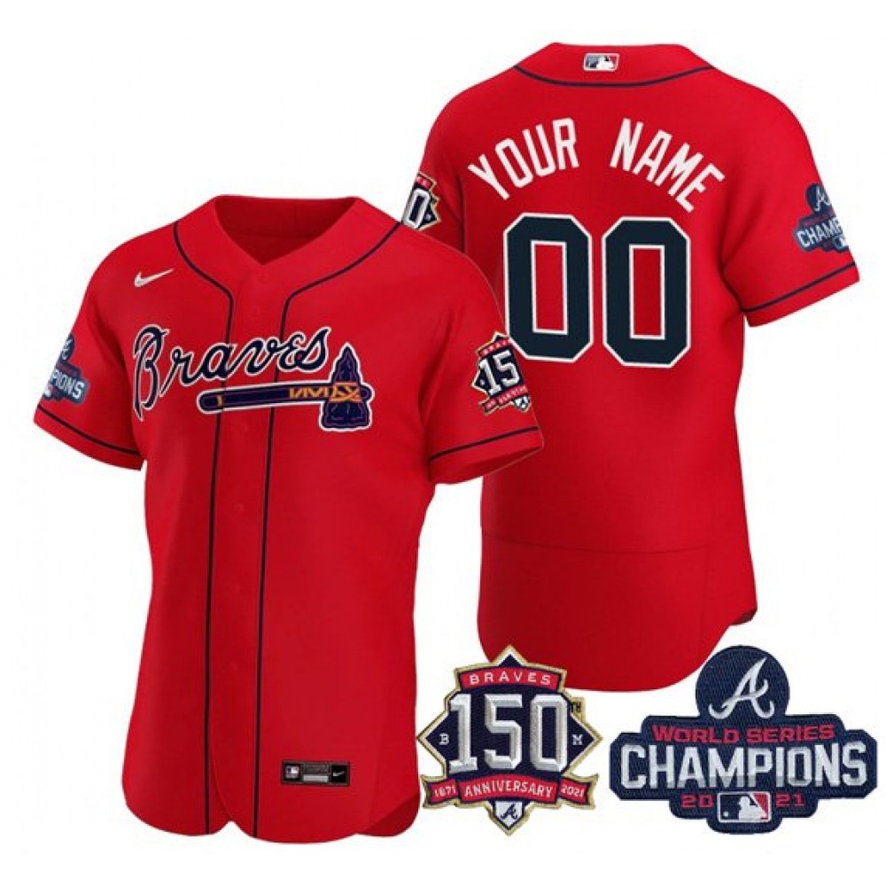 Men's Atlanta Braves Red ACTIVE PLAYER Custom 2021 World Series Champions With 150th Anniversary Flex Base Stitched Jersey 1