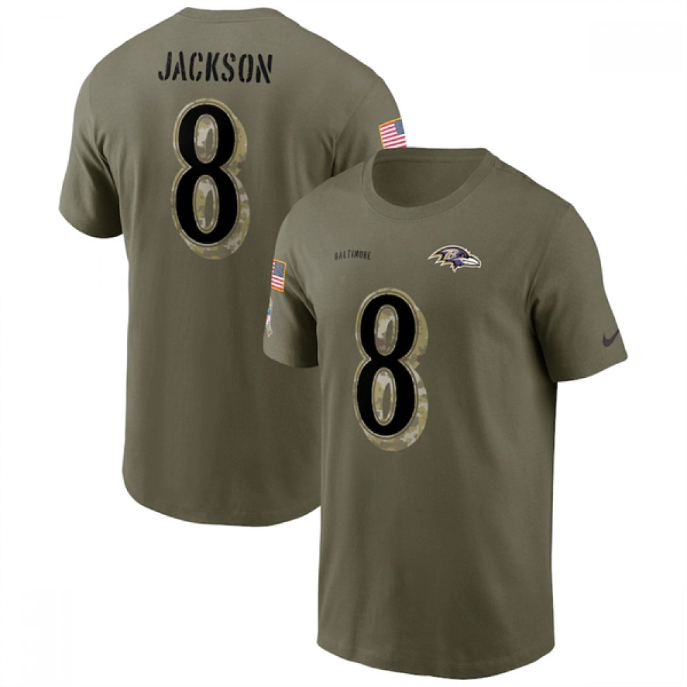 Men's Baltimore Ravens #8 Lamar Jackson 2022 Olive Salute to Service T-Shirt 1