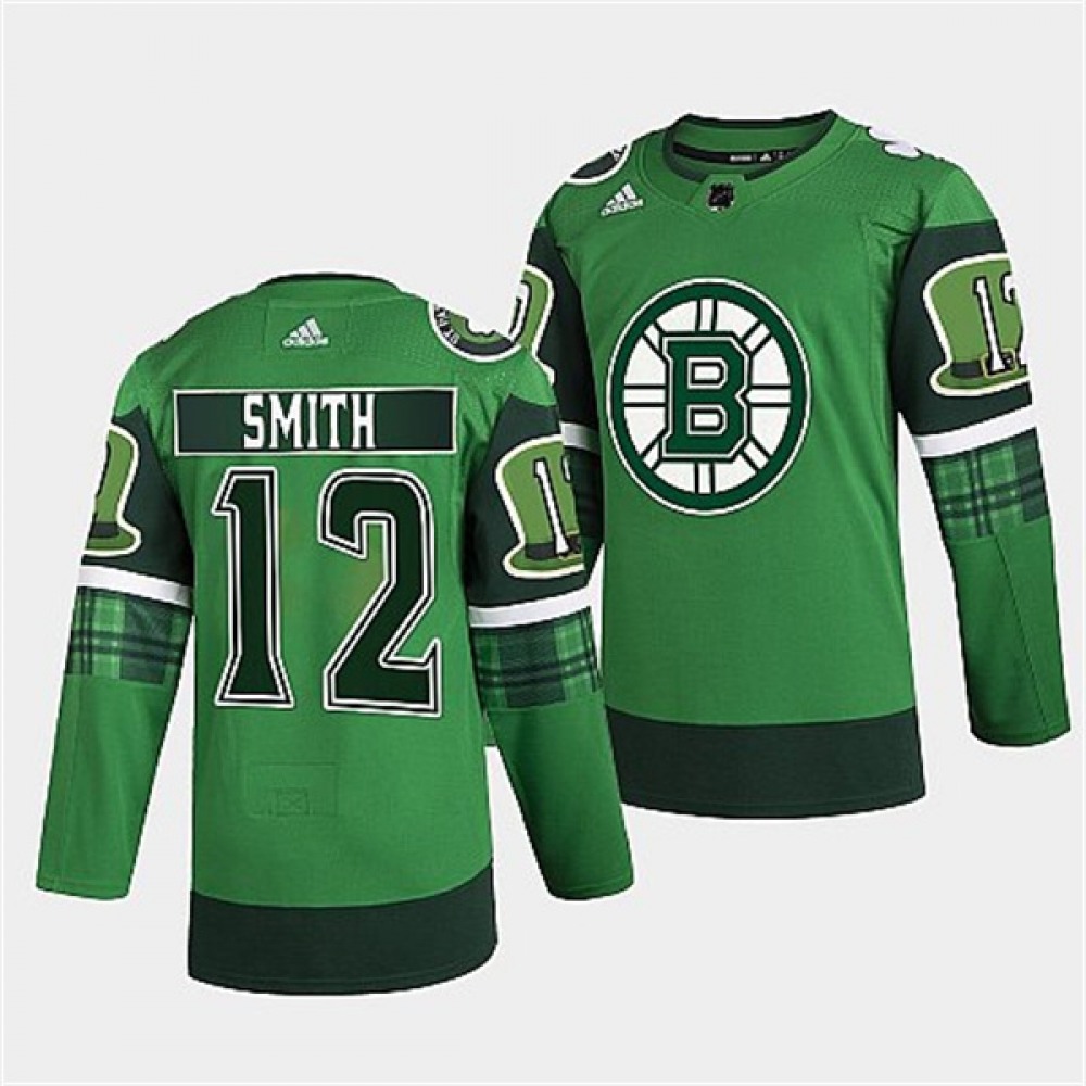 Men's Boston Bruins #12 Craig Smith 2022 Green St Patricks Day Warm-Up Stitched Jersey 1