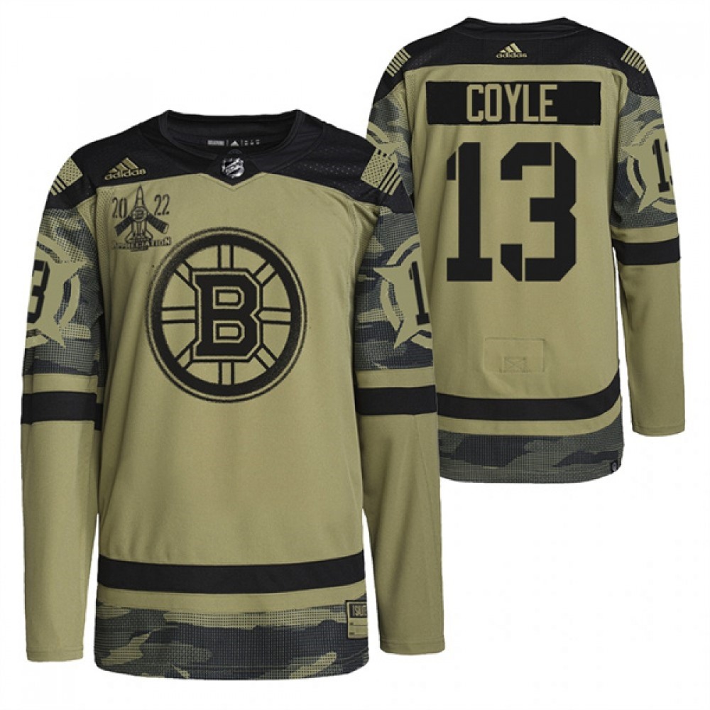 Men's Boston Bruins #13 Charlie Coyle 2022 Camo Military Appreciation Night Stitched Jersey 1