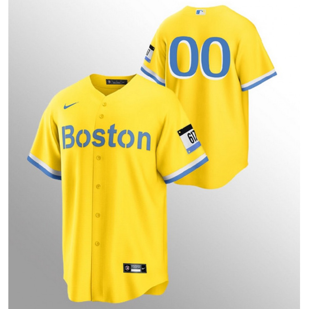 Men's Boston Red Sox Customized Gold Light Blue 2021 City Connect Stitched MLB Jersey 1