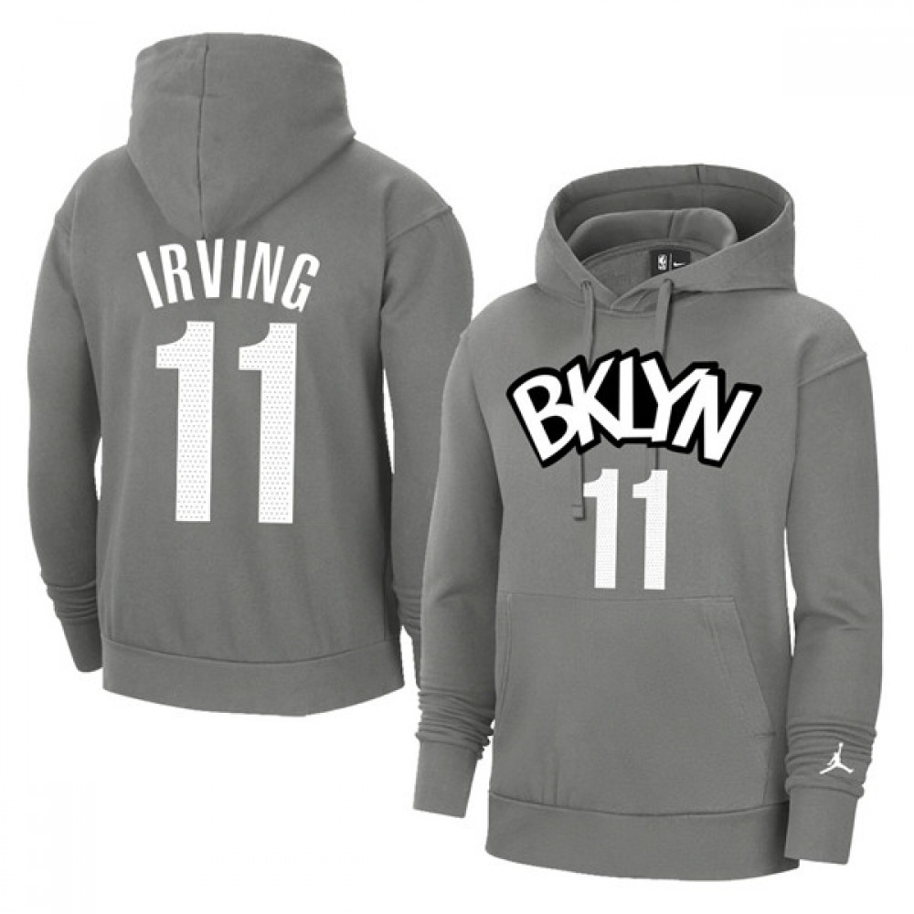 Men's Brooklyn Nets #11 Kyrie Irving 2021 Grey Pullover Hoodie 1