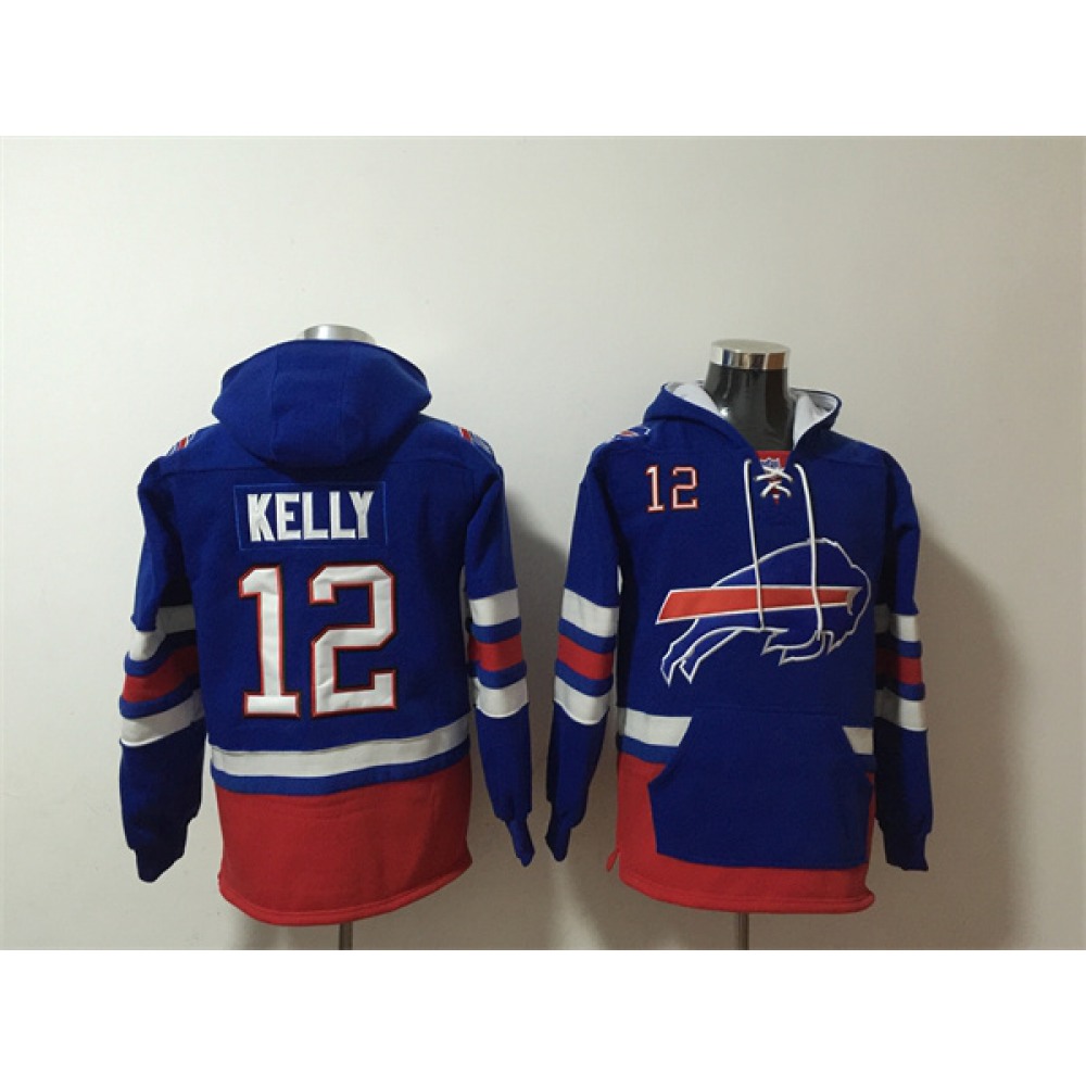 Men's Buffalo Bills #12 Jim Kelly Royal Ageless Must-Have Lace-Up Pullover Hoodie 1