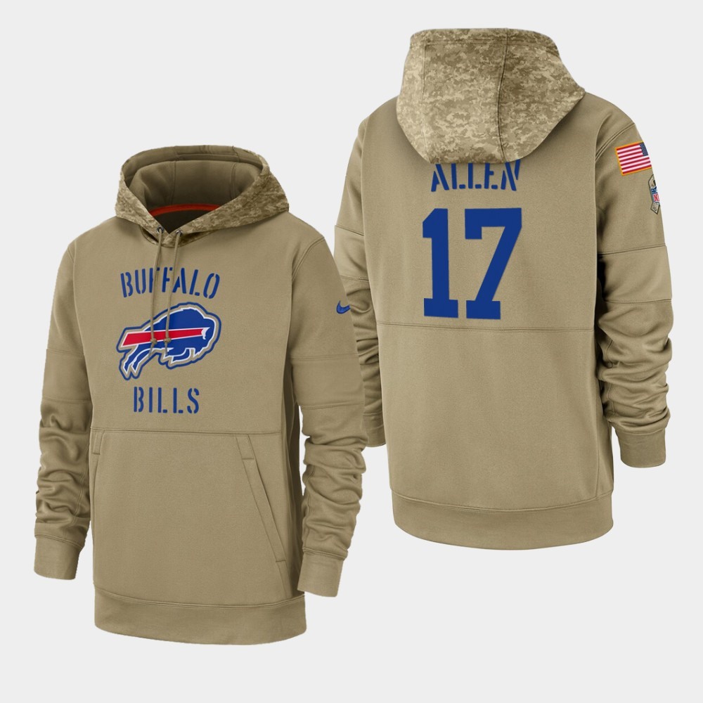 Men's Buffalo Bills #17 Josh Allen Tan 2019 Salute to Service Sideline Therma Pullover Hoodie 1