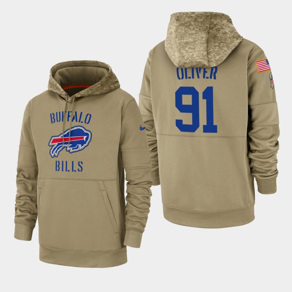 Men's Buffalo Bills #91 Ed Oliver Tan 2019 Salute to Service Sideline Therma Pullover Hoodie 1