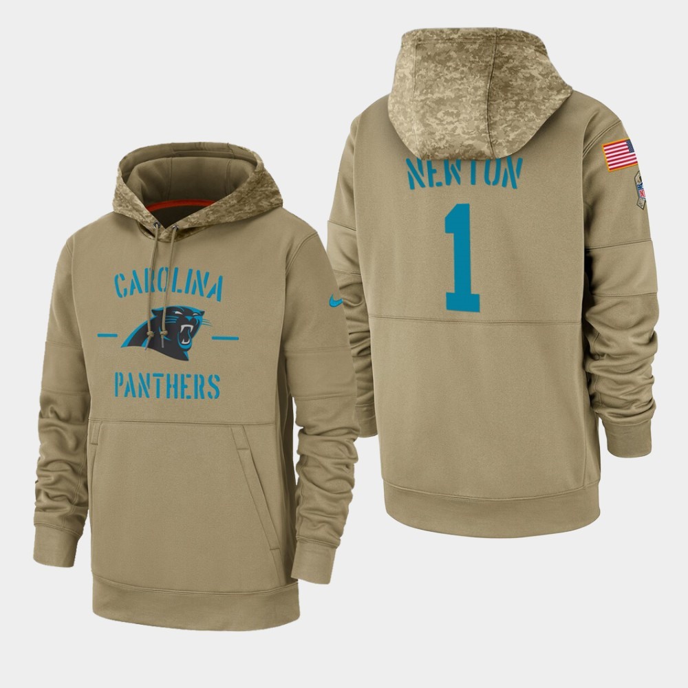 Men's Carolina Panthers #1 Cam Newton Tan 2019 Salute to Service Sideline Therma Pullover Hoodie 1