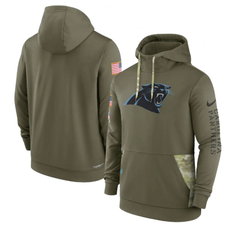 Men's Carolina Panthers 2022 Olive Salute to Service Therma Performance Pullover Hoodie 1