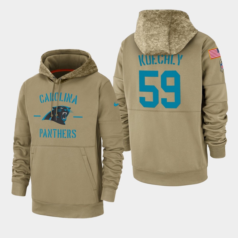 Men's Carolina Panthers #59 Luke Kuechly Tan 2019 Salute to Service Sideline Therma Pullover Hoodie 1
