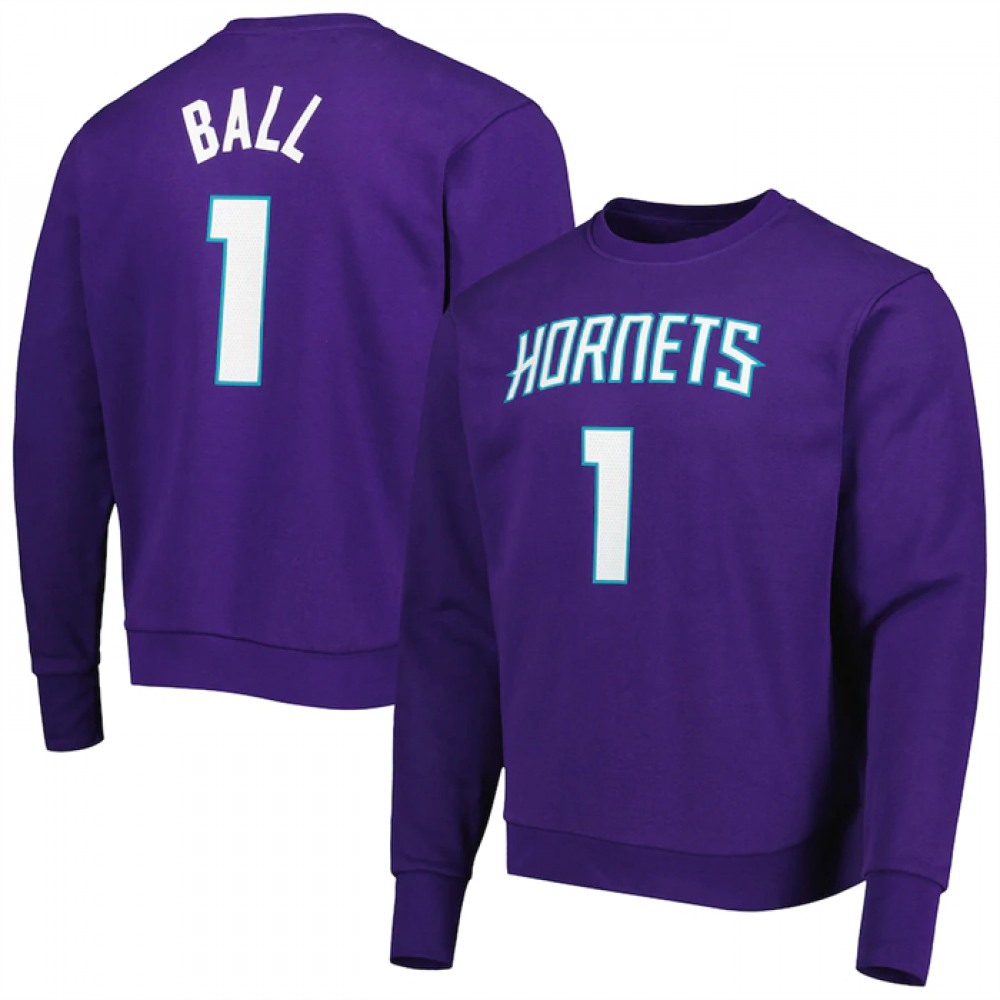 Men's Charlotte Hornets #1 LaMelo Ball Purple Long Sleeve T-Shirt 1