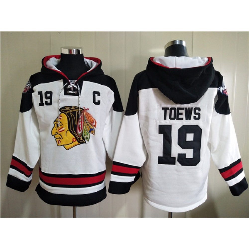 Men's Chicago Blackhawks #19 Jonathan Toews White Ageless Must-Have Lace-Up Pullover Hoodie 1