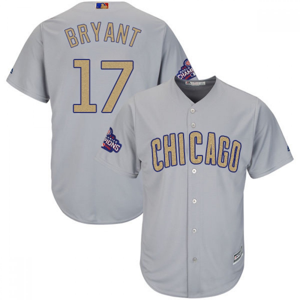 Men's Chicago Cubs #17 Kris Bryant World Series Champions Grey Program Cool Base Stitched MLB Jersey 1