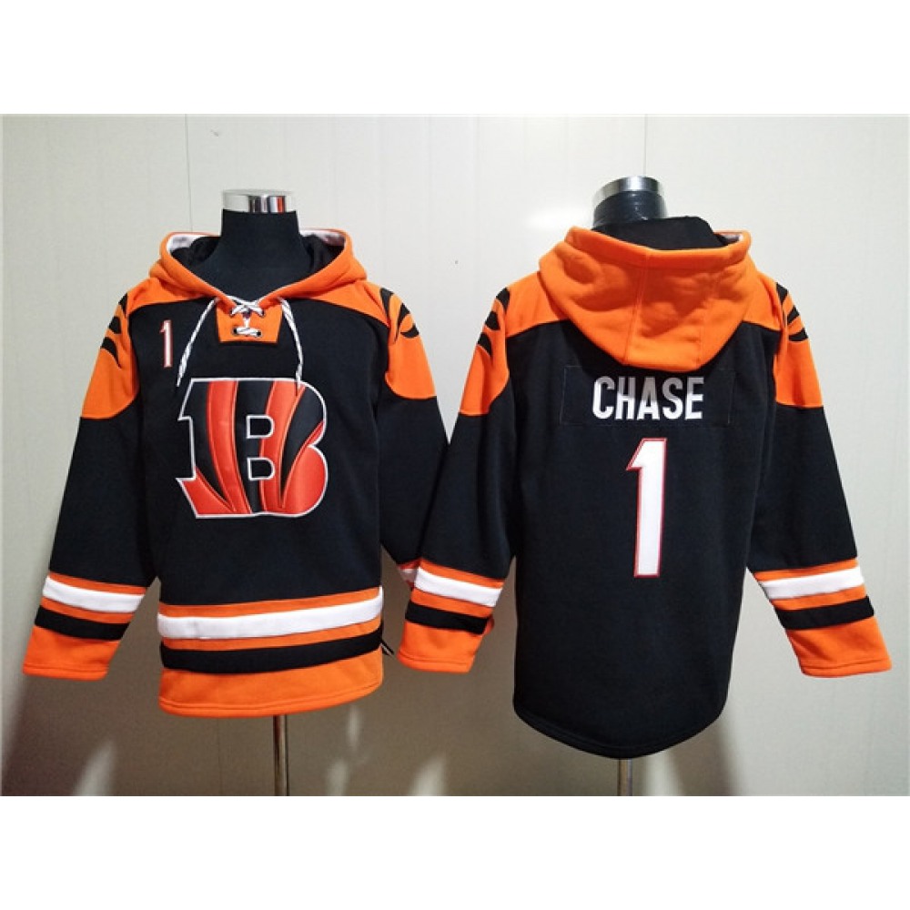 Men's Cincinnati Bengals #1 Ja'Marr Chase Orange/Black Ageless Must-Have Lace-Up Pullover Hoodie 1