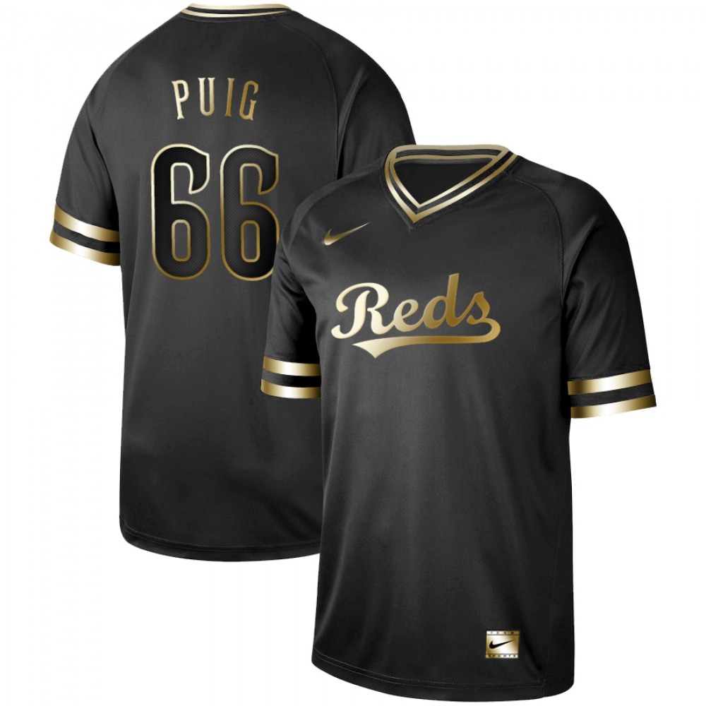 Men's Cincinnati Reds #66 Yasiel Puig Black Gold Stitched MLB Jersey 1