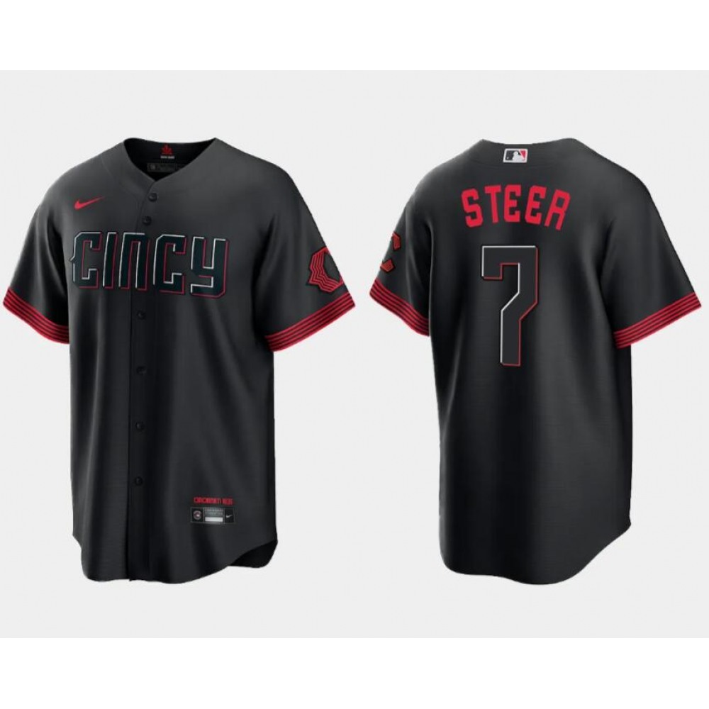 Men's Cincinnati Reds #7 Spencer Steer Black 2023 City Connect Cool Base Stitched Baseball Jersey 1
