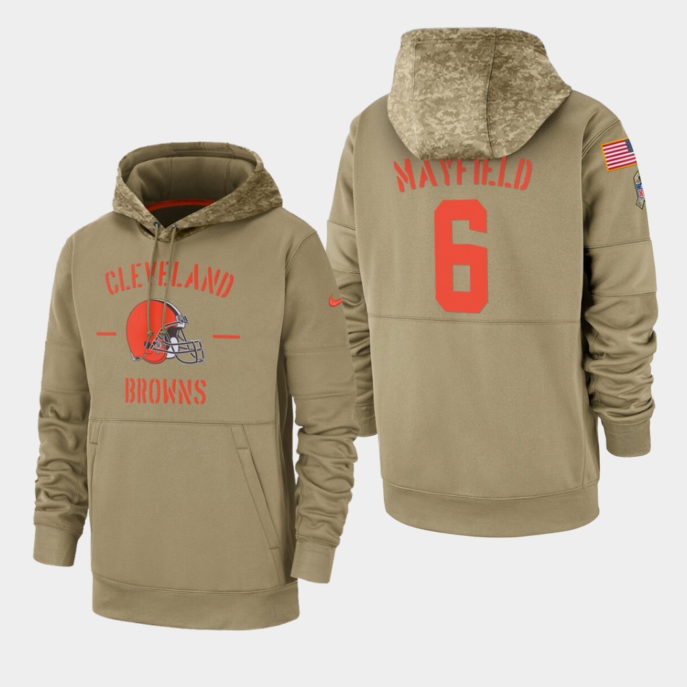 Men's Cleveland Browns #6 Baker Mayfield Tan 2019 Salute to Service Sideline Therma Pullover Hoodie 1