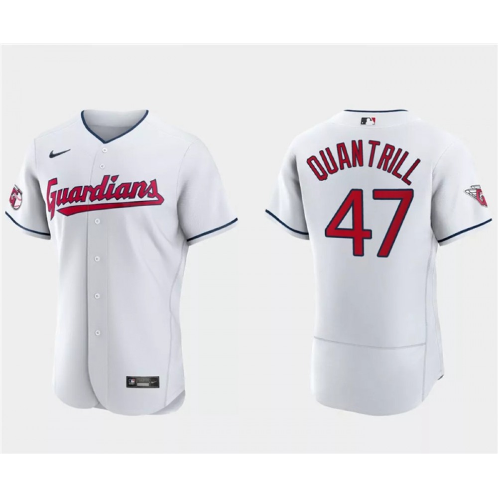 Men's Cleveland Guardians #47 Cal Quantrill White Flex Base Stitched Jersey 1
