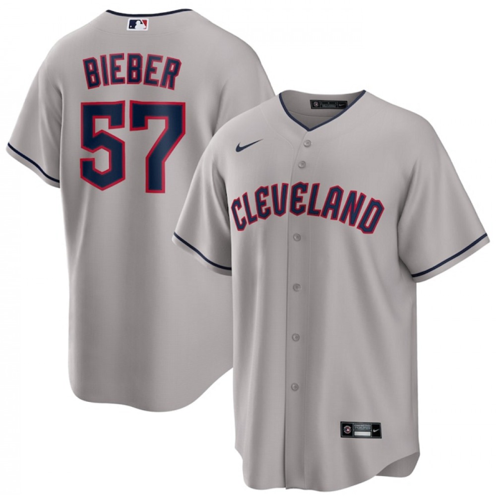 Men's Cleveland Guardians #57 Shane Bieber Grey Cool Base Stitched Jersey 1