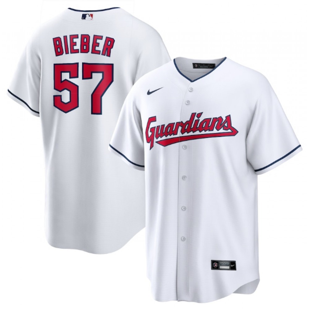 Men's Cleveland Guardians #57 Shane Bieber White Cool Base Stitched Baseball Jersey 1