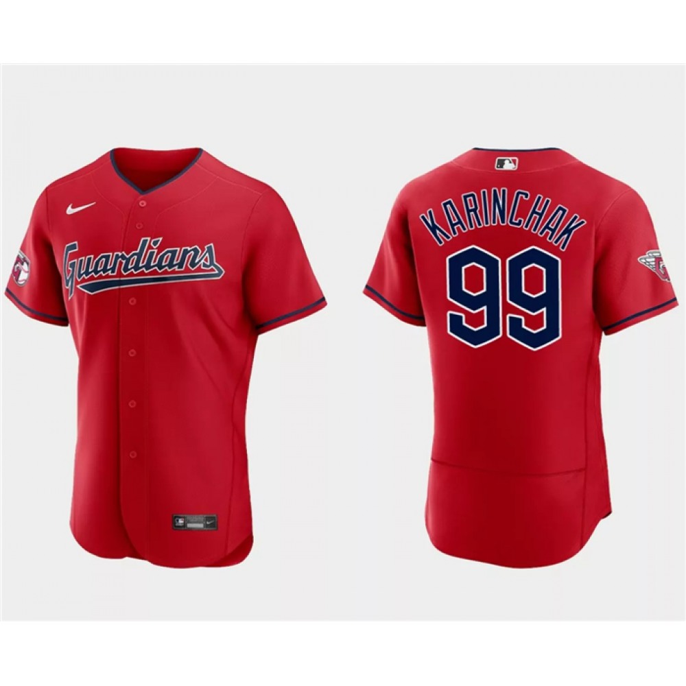 Men's Cleveland Guardians #99 James Karinchak Red Flex Base Stitched Jersey 1