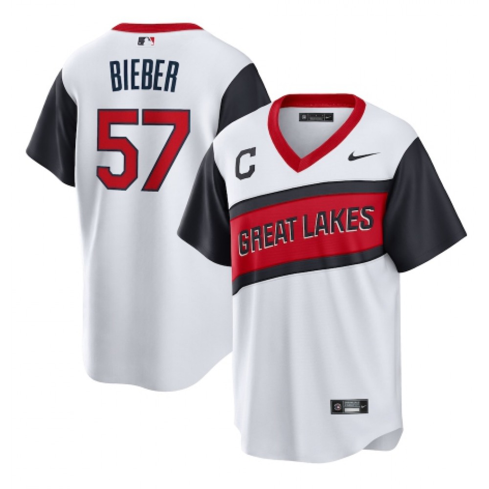 Men's Cleveland indians #57 Shane Bieber 2021 White Little League Classic Home Cool Base Stitched Baseball Jersey 1