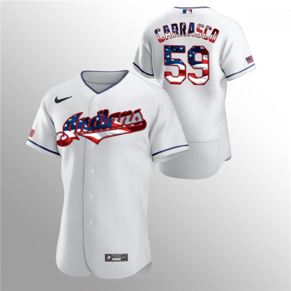 Men's Cleveland indians #59 Carlos Carrasco White 2020 Stars & Stripes Flex Base Stitched Jersey 1