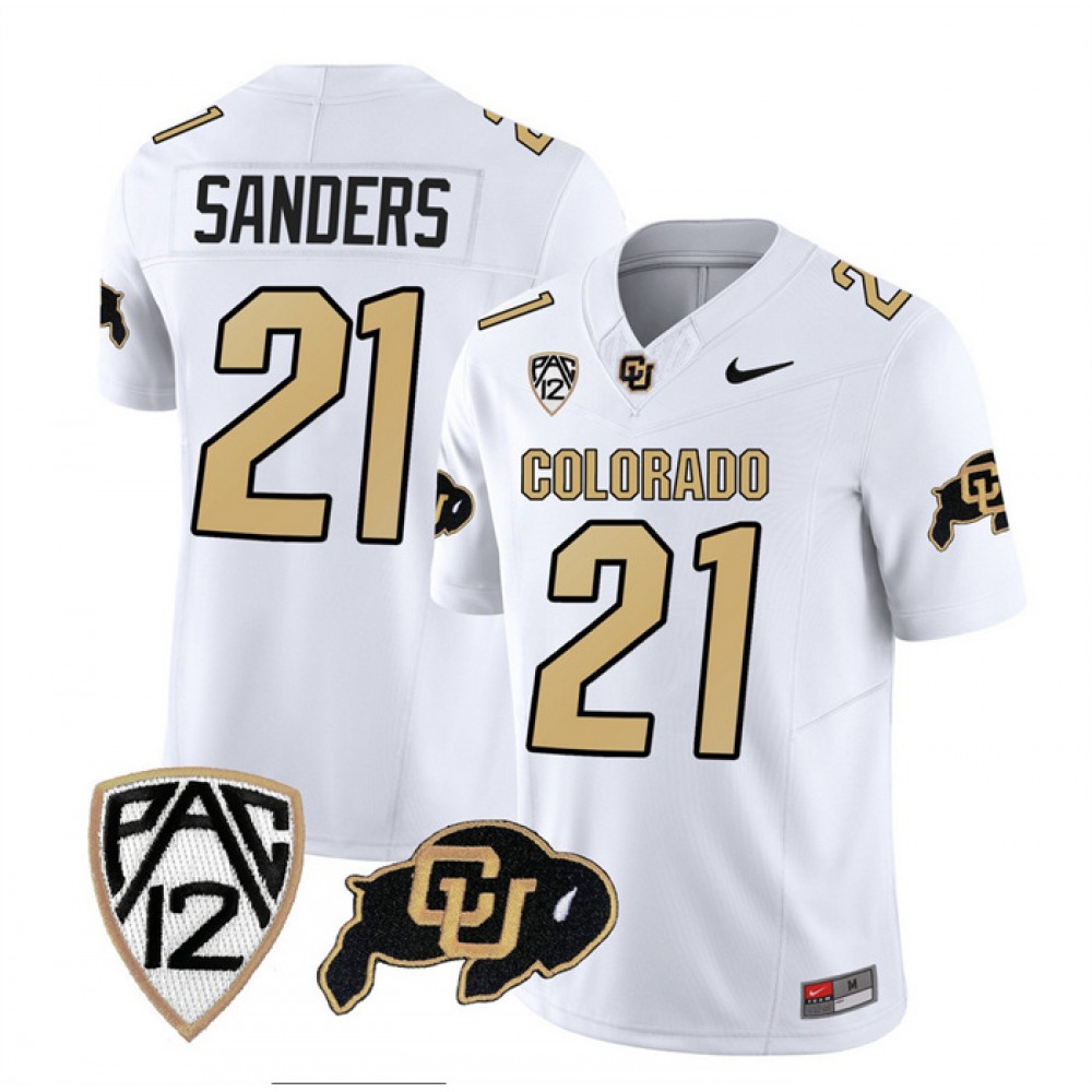 Men's Colorado Buffaloes #21 Shilo Sanders White 2023 F.U.S.E. With PAC-12 Patch Stitched Football Jersey 1