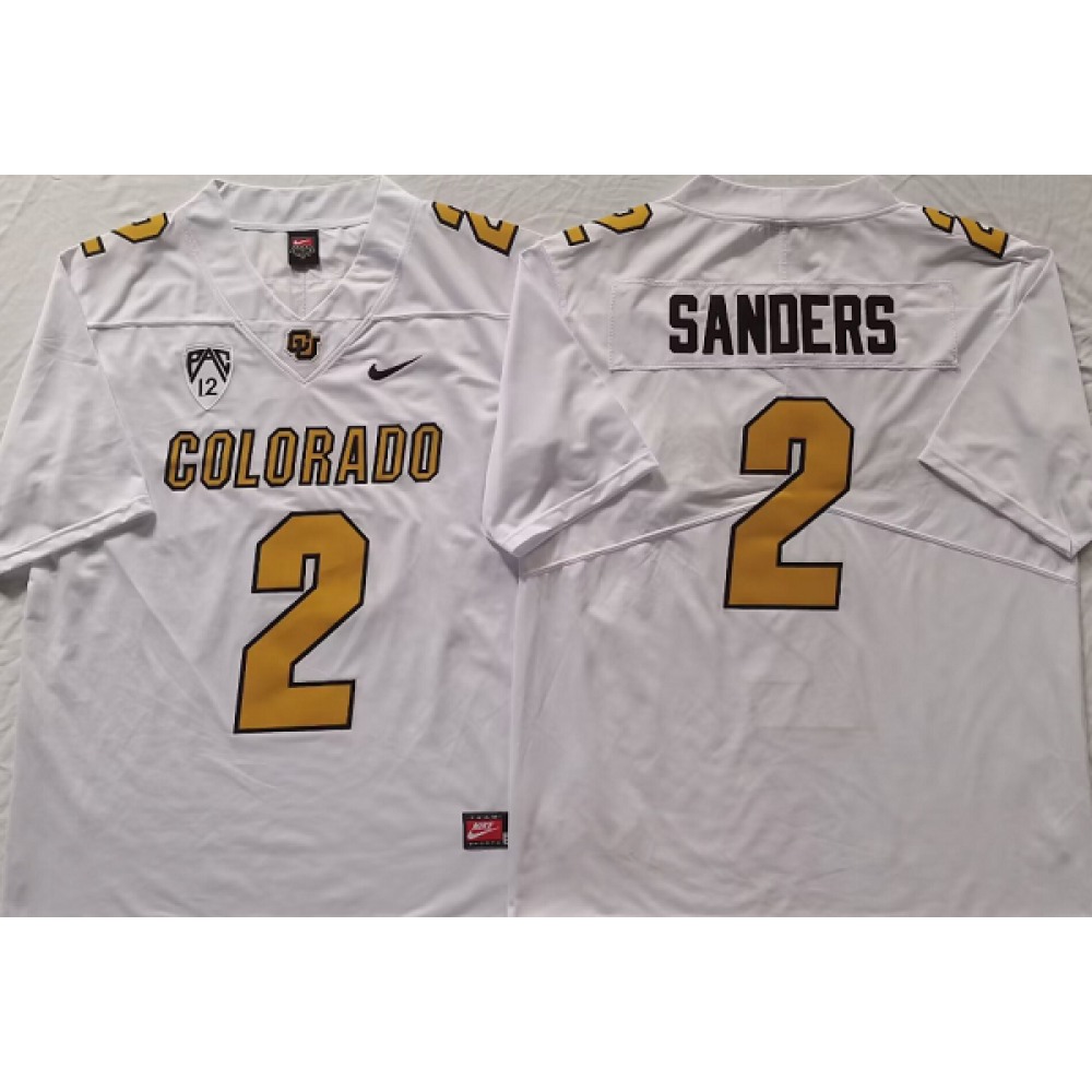 Men's Colorado Buffaloes #2 Shedeur Sanders White With PAC-12 Patch Stitched Football Jersey 1