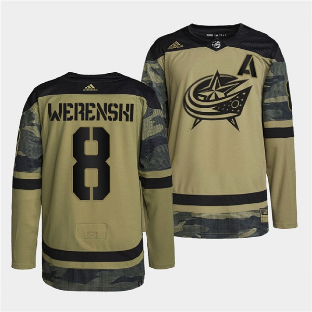 Men's Columbus Blue Jackets #8 Zach Werenski 2022 Camo Military Appreciation Night Stitched Jersey 1