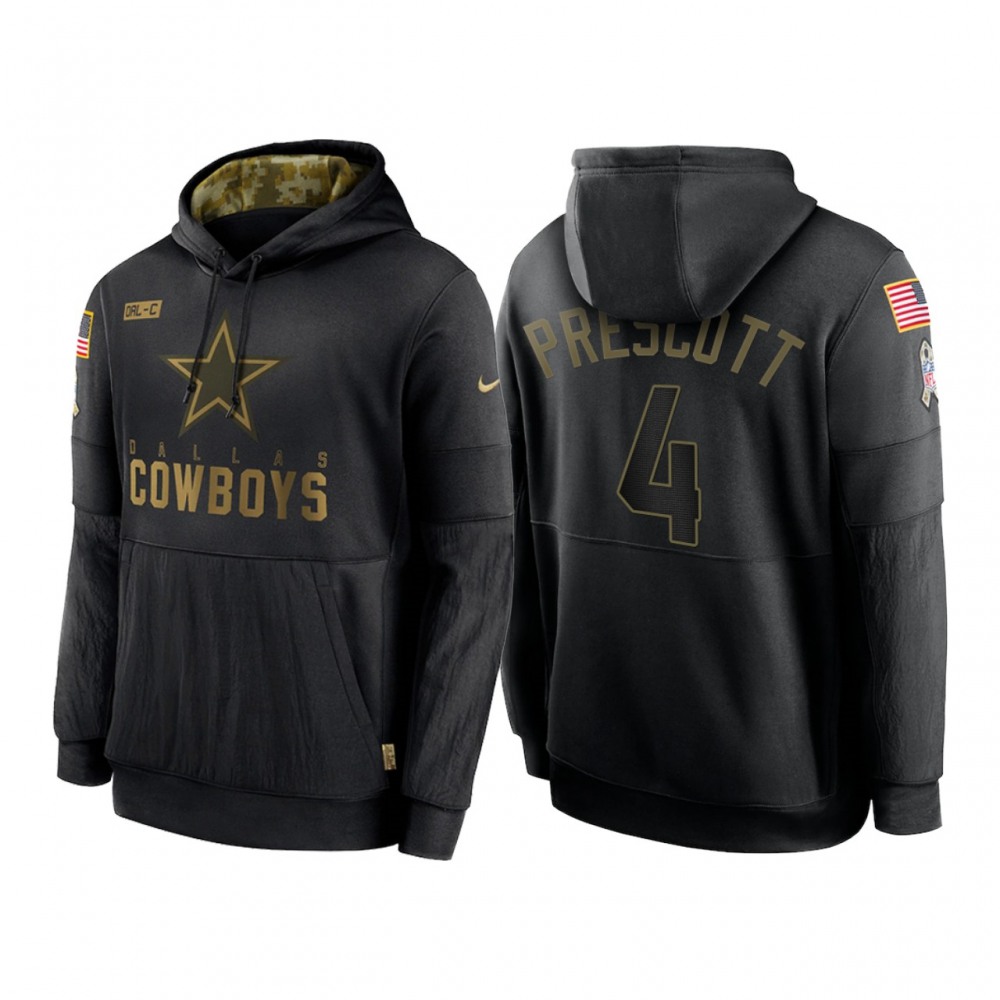 Men's Dallas Cowboys #4 Dak Prescott 2020 Black Salute to Service Sideline Performance Pullover Hoodie 1