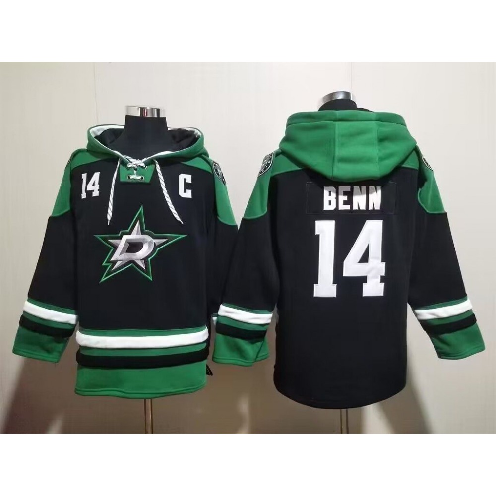 Men's Dallas Stars #14 Jamie Benn Black Green Lace-Up Pullover Hoodie 1