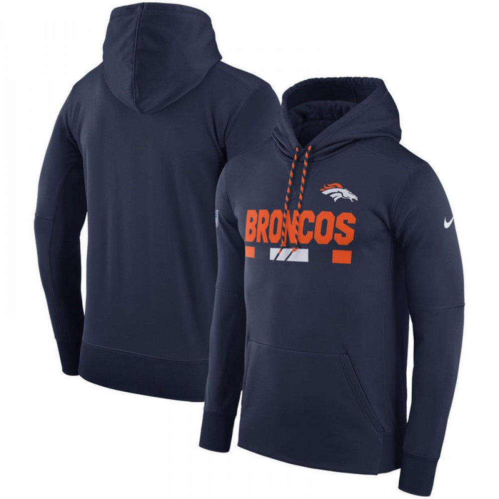 Men's Denver Broncos Navy Sideline Team Name Performance Pullover Hoodie 1