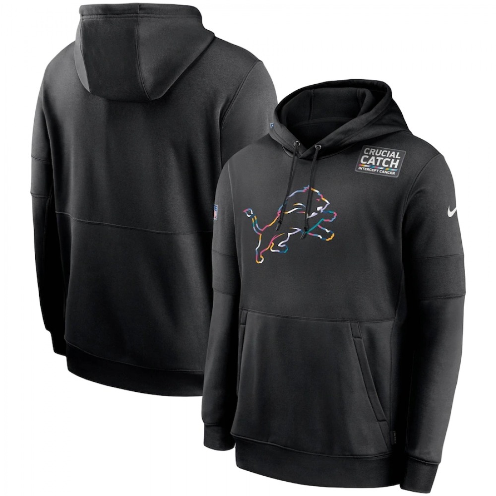 Men's Detroit Lions 2020 Black Crucial Catch Sideline Performance Pullover Hoodie 1