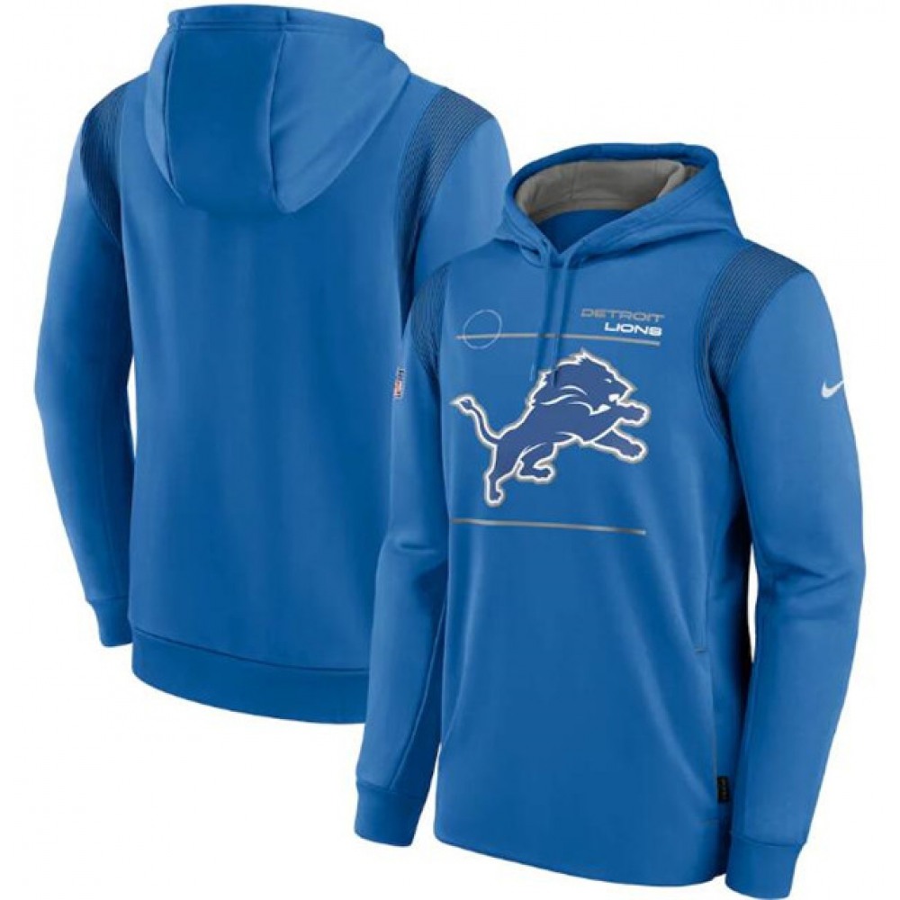 Men's Detroit Lions 2021 Blue Sideline Logo Performance Pullover Hoodie 1