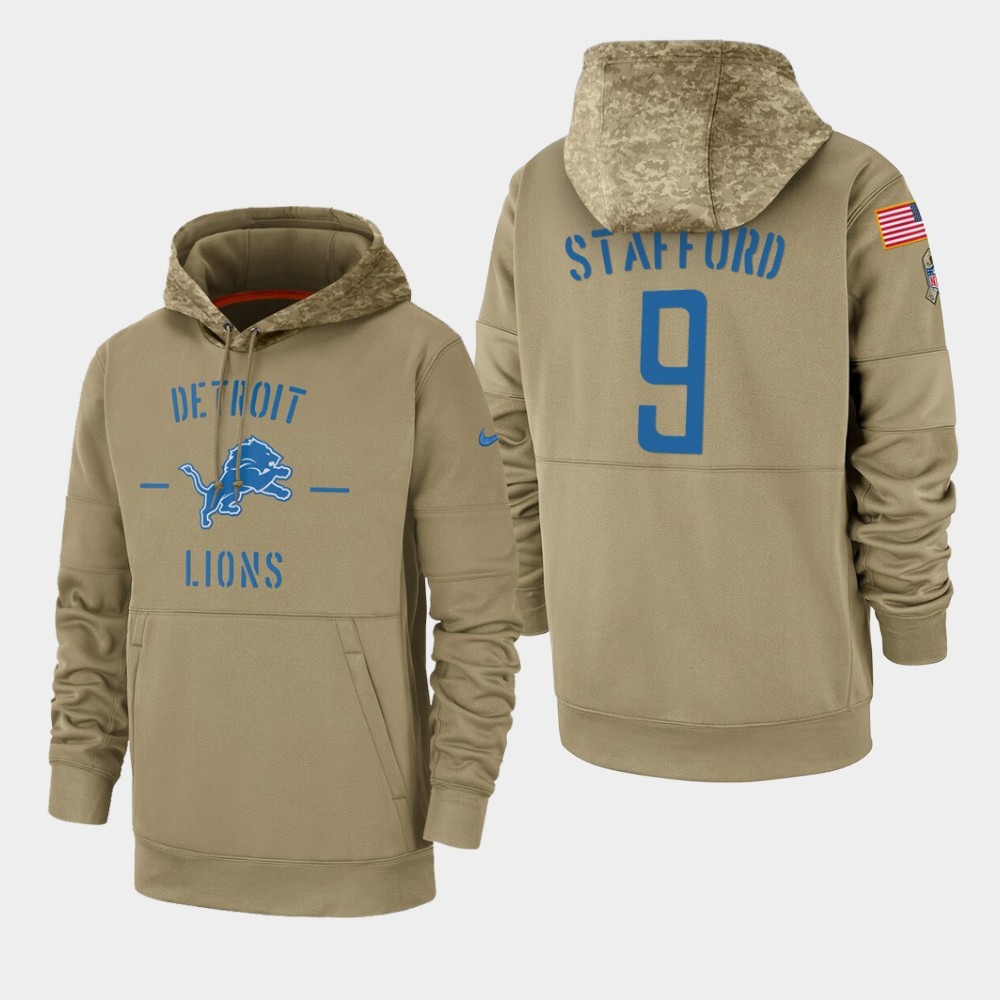 Men's Detroit Lions #9 Matthew Stafford Tan 2019 Salute to Service Sideline Therma Pullover Hoodie 1
